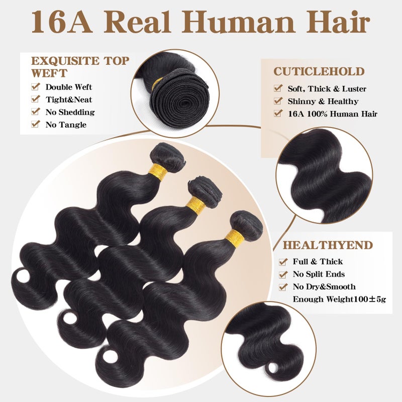 ROYAL IMPRESSION 16A Brazilian Virgin Hair Body Wave 3 Bundles 16" 18" 20" 300g Virgin Brazilian Remy Body Wave Human Hair Bundles 100% Unprocessed Brazilian Virgin Remy Human Hair Bundles Natural Color - Image 2